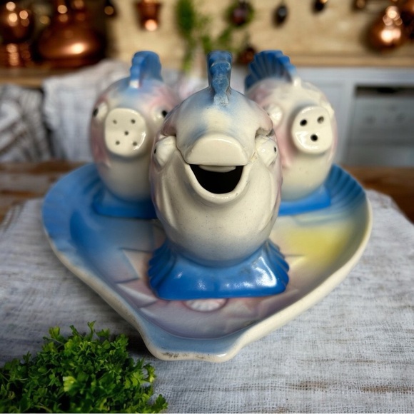 Vintage Kitsch Porcelain Fish Cruet Set 1950s 1960s - 5 Piece Set Tray Japan - Picture 2 of 14